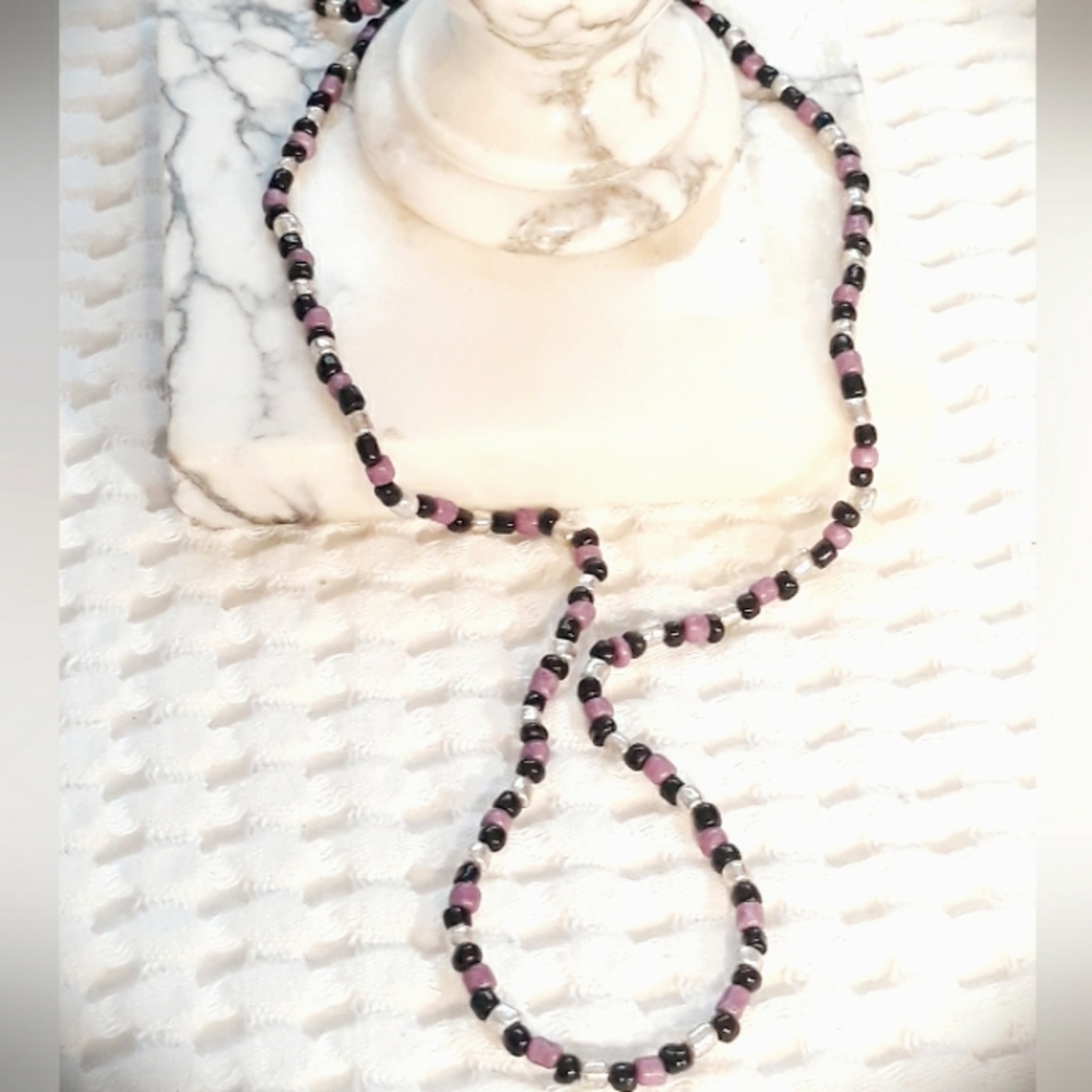 Handmade Single Strand Beaded Necklace 34" - Purple Black Metal Bead Necklace - Picture 4 of 9